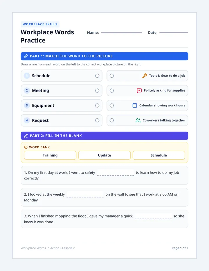 Workplace Words Practice Worksheet