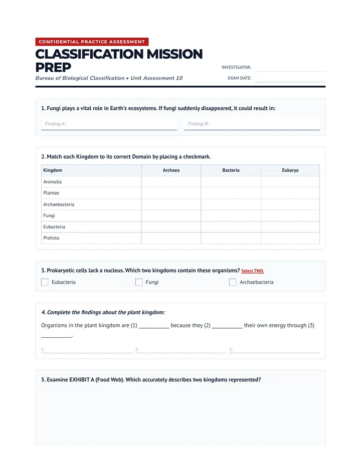 Classification Practice Assessment Worksheet