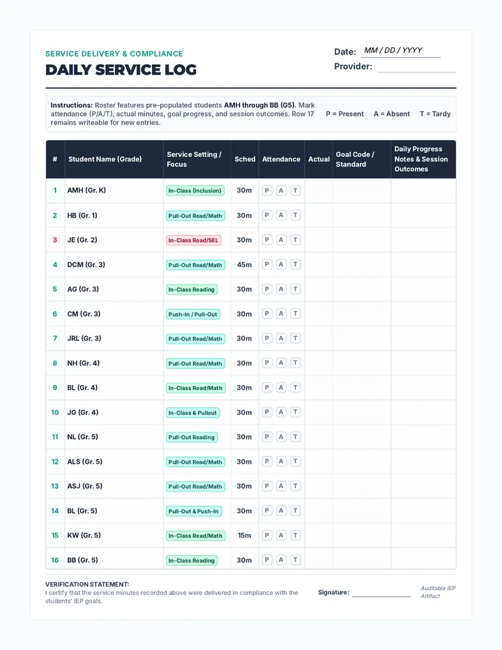 Daily Service Tracking Log