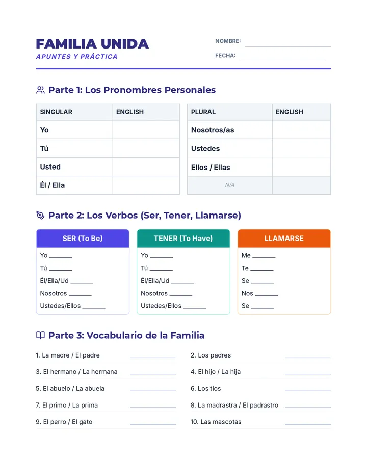 Familia Unida Worksheet