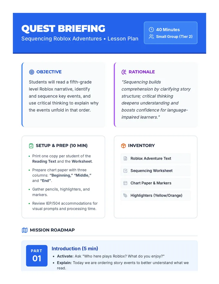 Sequencing Roblox Adventures Lesson Plan