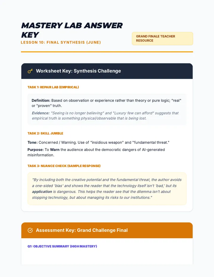 Final Synthesis Answer Key Teacher Resource