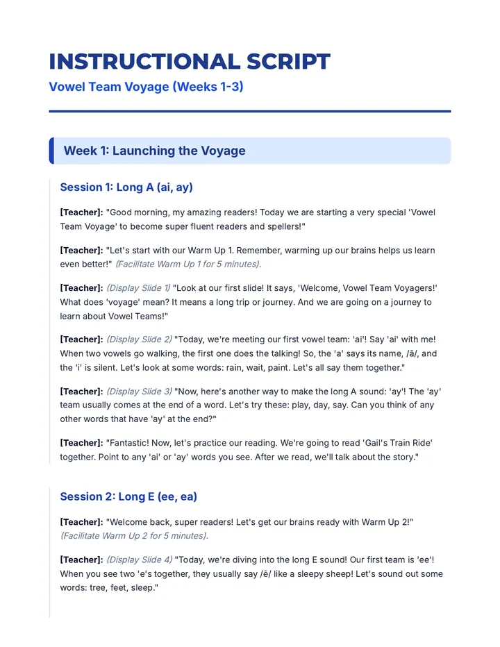Vowel Team Voyage Instructional Script Document