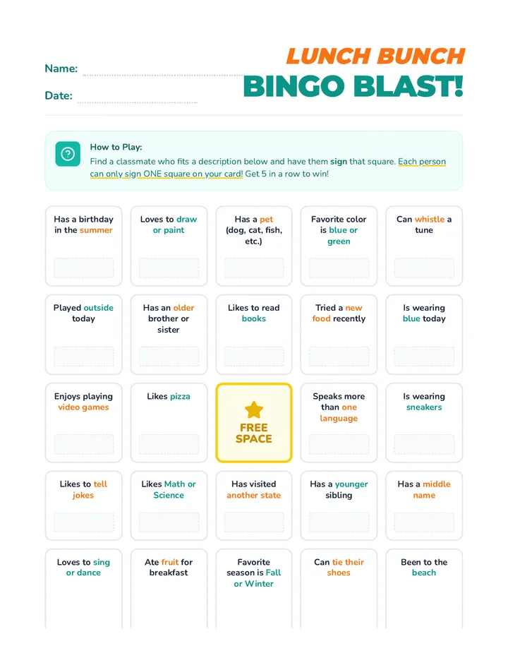 Lunch Bunch Bingo Card