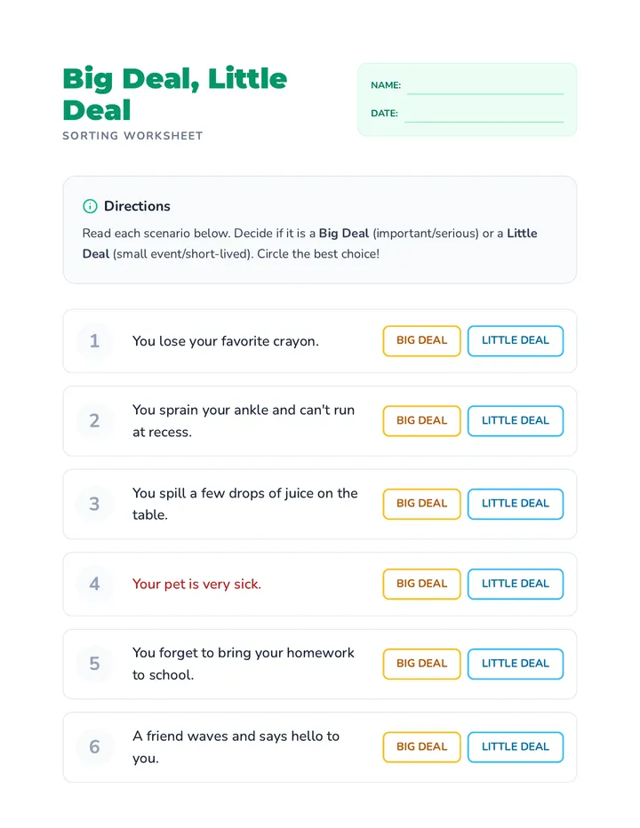 Big Deal Little Deal Sorting Worksheet