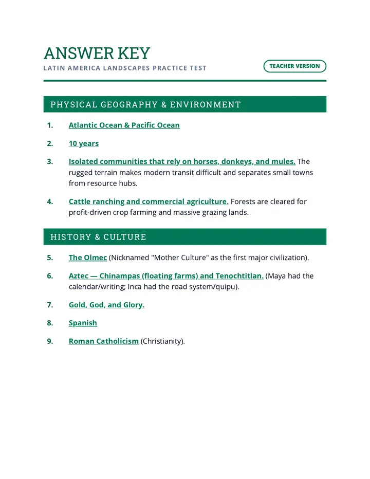 Latin America Answer Key