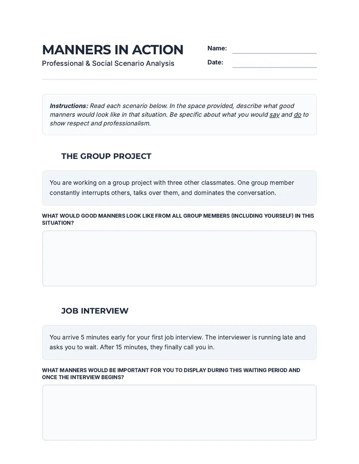 Manners in Action Worksheet
