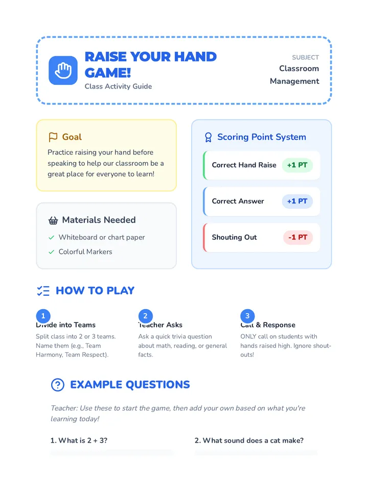 Raise Your Hand Game Activity