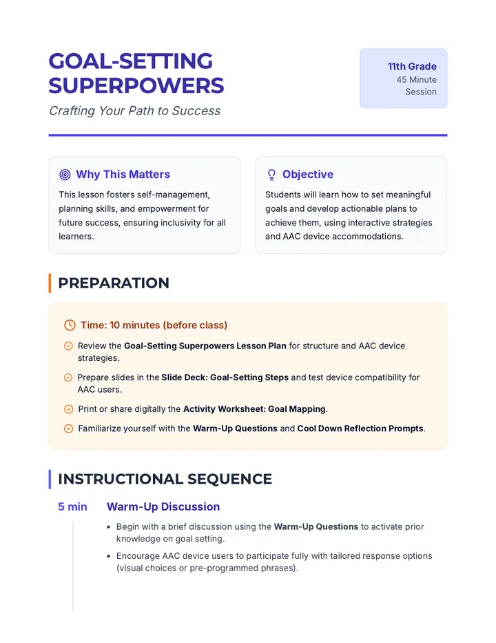 Goal Setting Lesson Plan Teacher Guide