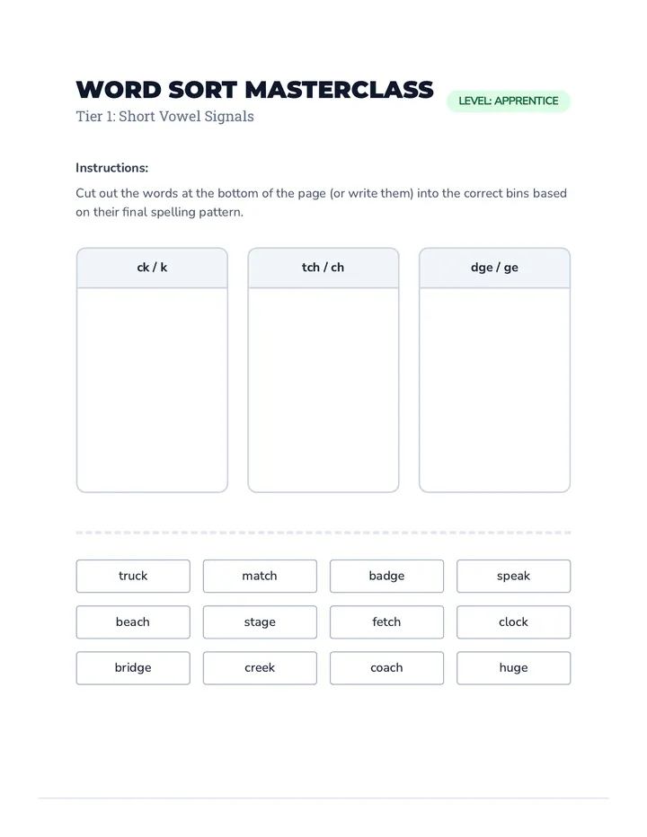 Word Sort Masterclass Worksheet