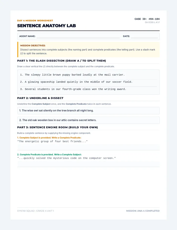 Sentence Anatomy Worksheet