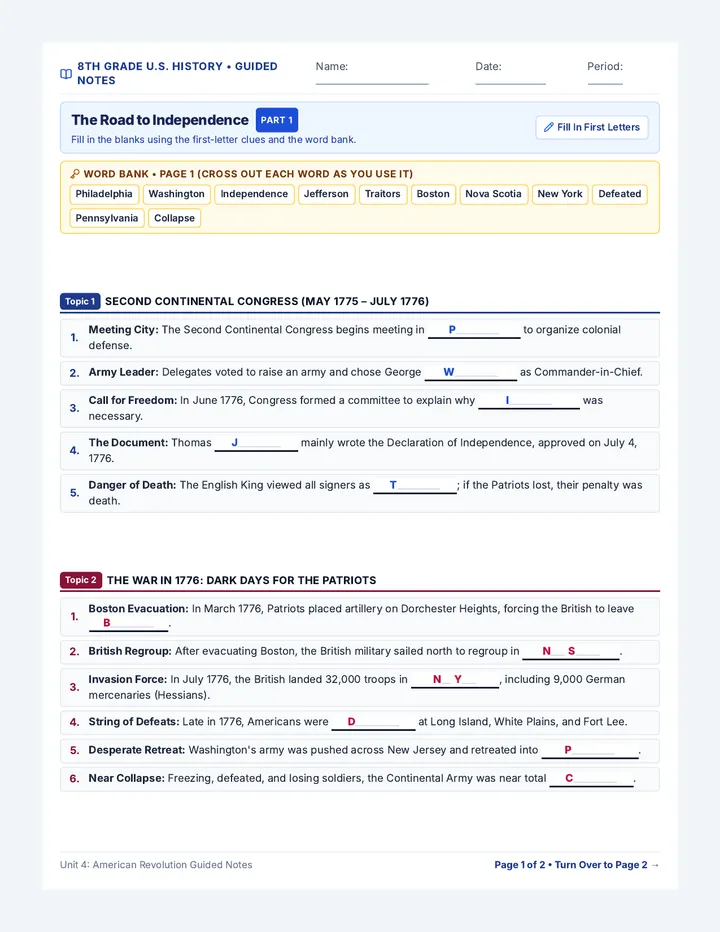 Revolution Turning Points Guided Notes