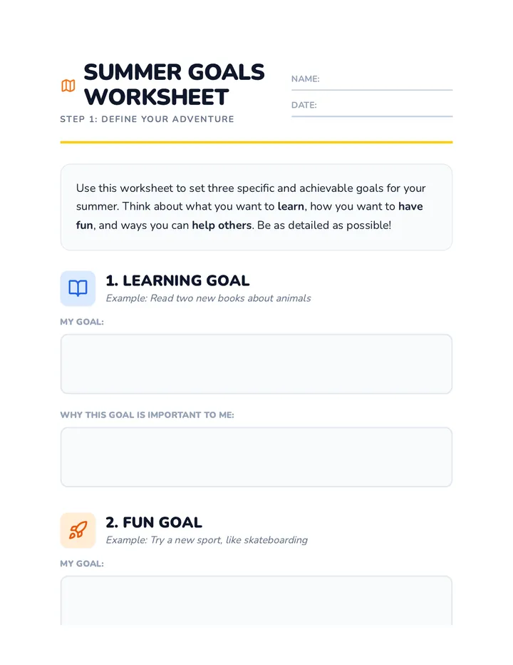 Summer Goals Worksheet