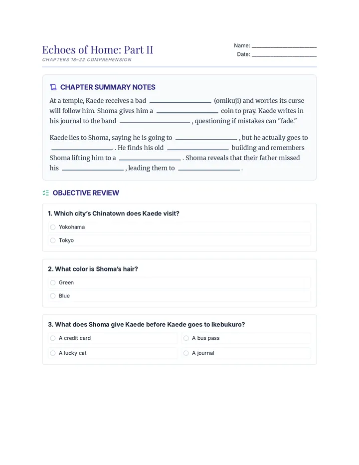 Echoes of Home Worksheet Part II