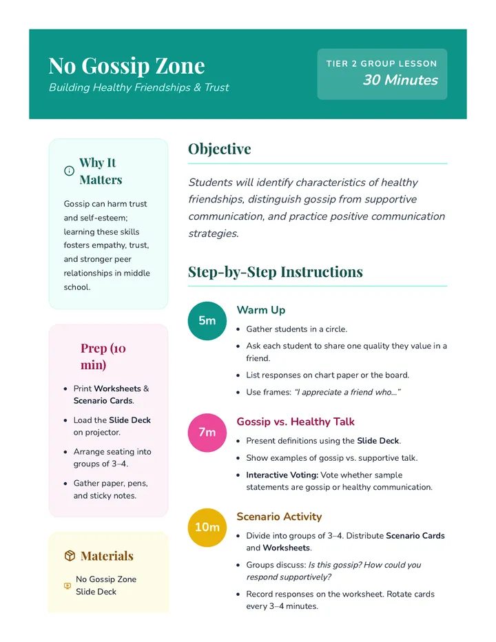 No Gossip Zone Lesson Plan