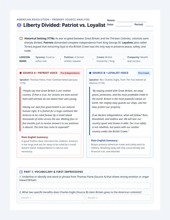 Liberty Divided Source Worksheet