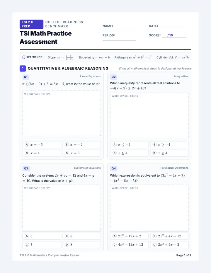 TSI Math Practice Worksheet