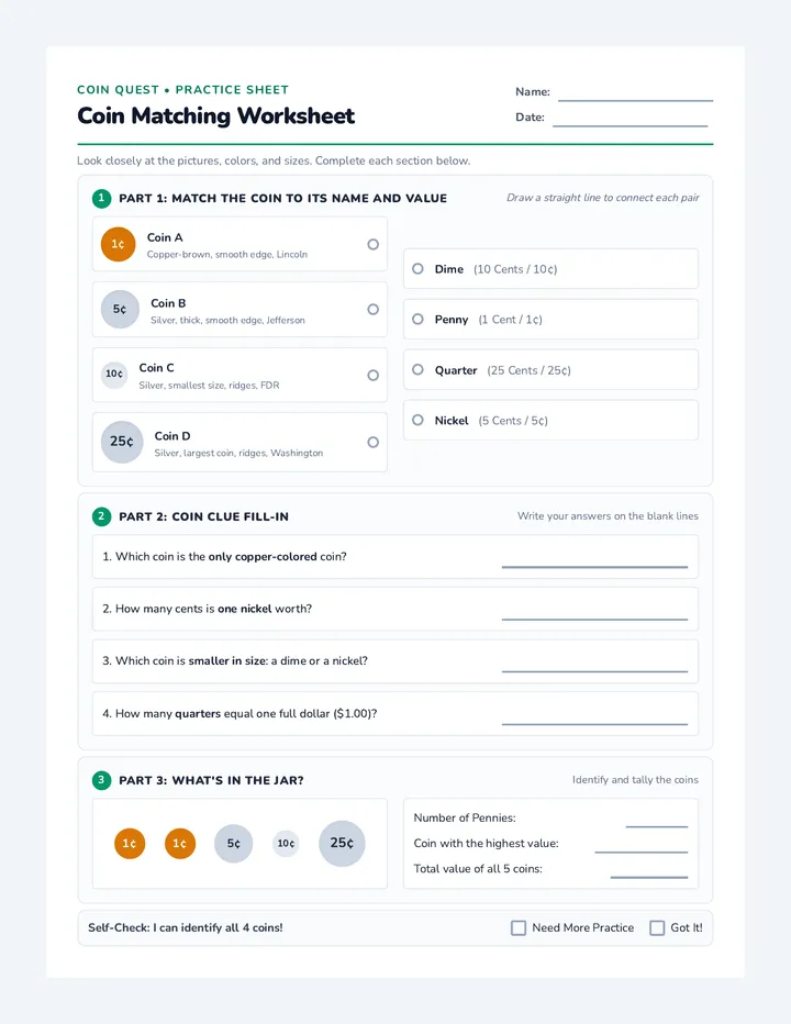 Coin Matching Worksheet