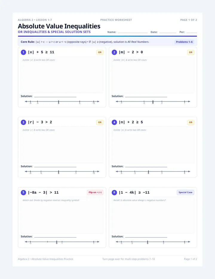 Absolute Value OR Inequalities Worksheet