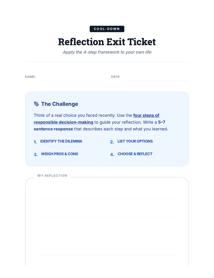 Reflection Exit Ticket Worksheet