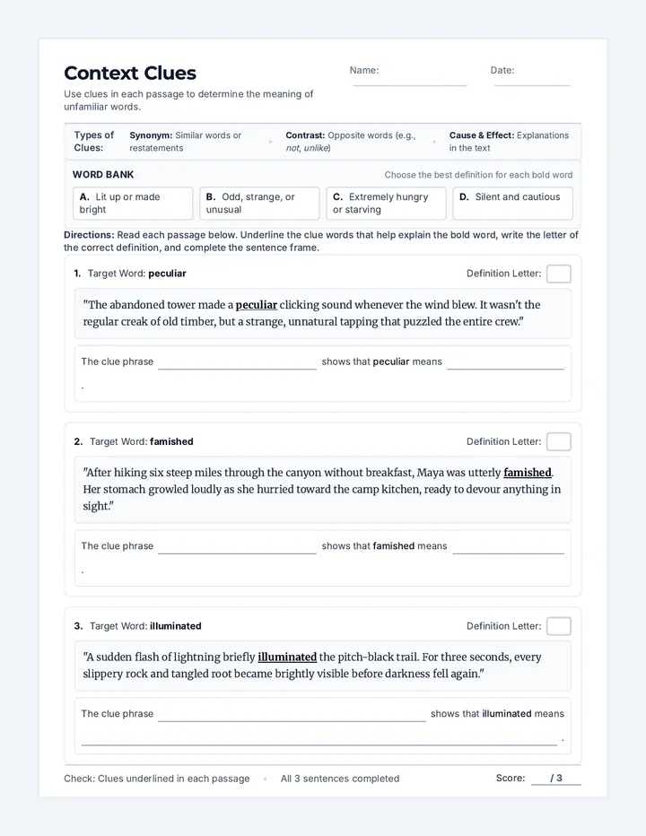 Context Clues Worksheet