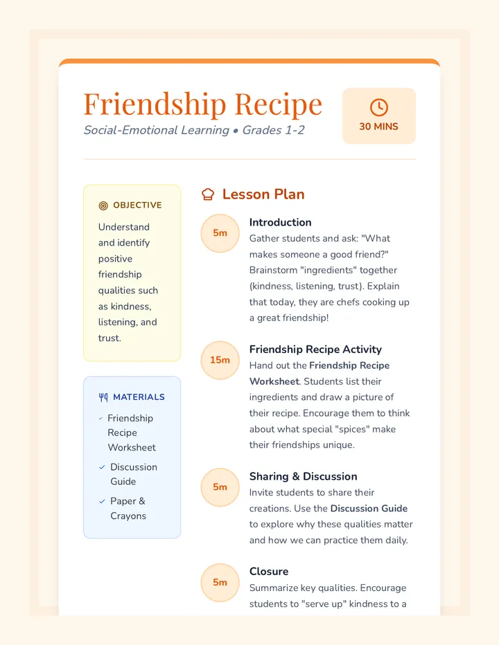 Friendship Recipe Lesson Plan