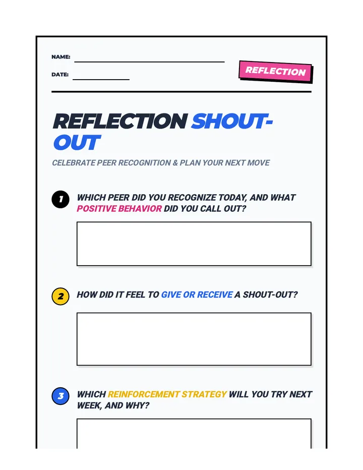 Reflection Shout Out Worksheet