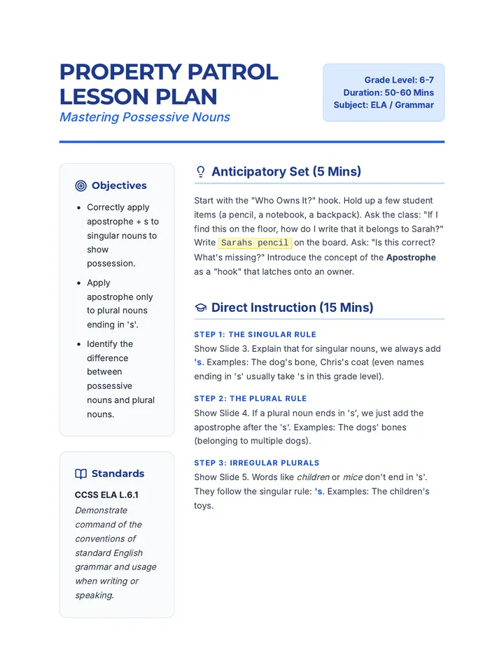 Property Patrol Lesson Plan