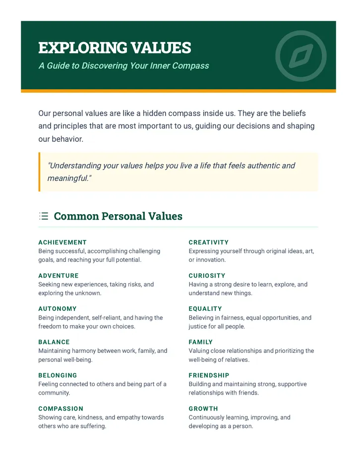 Exploring Values Reading Material