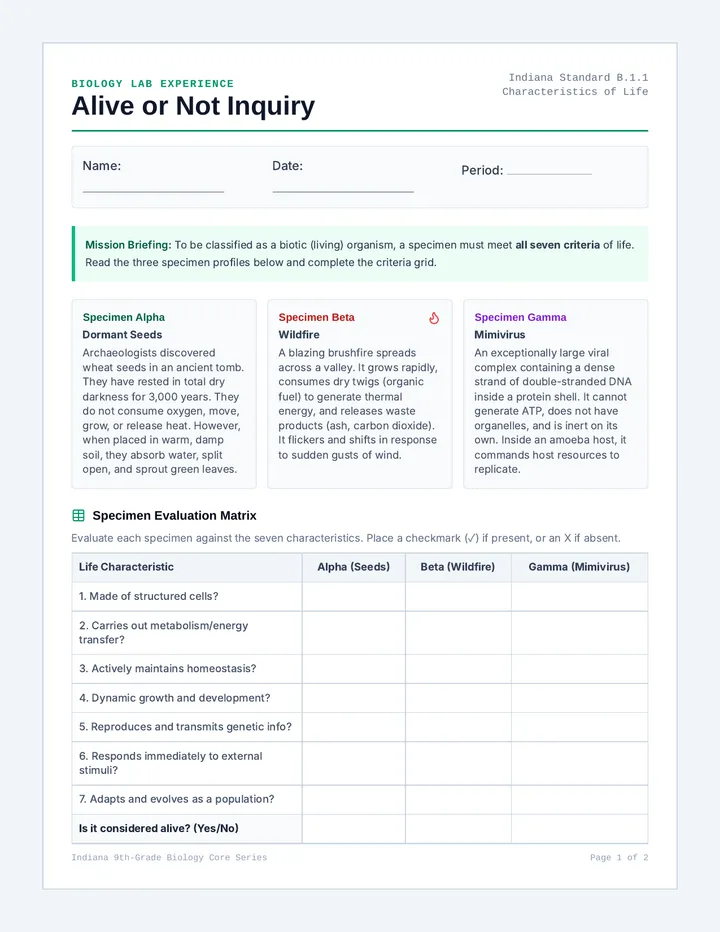 Alive or Not Activity Sheet