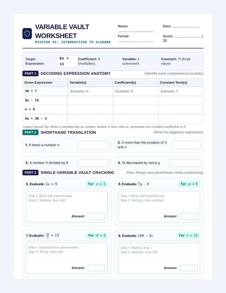 Variable Vault Worksheet