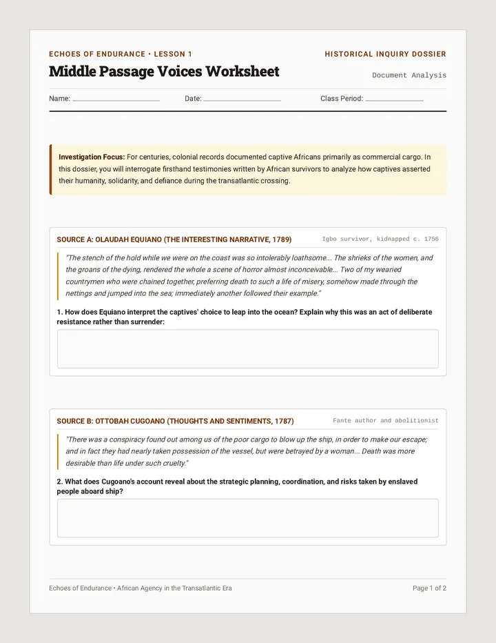 Middle Passage Voices Worksheet