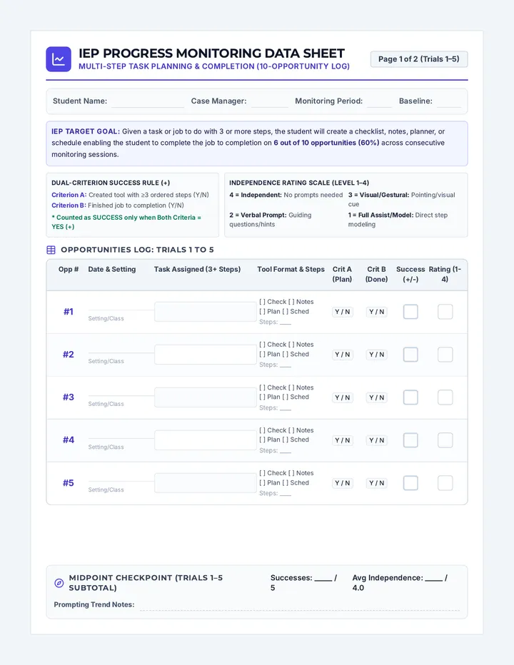 Step Progress Data Sheet