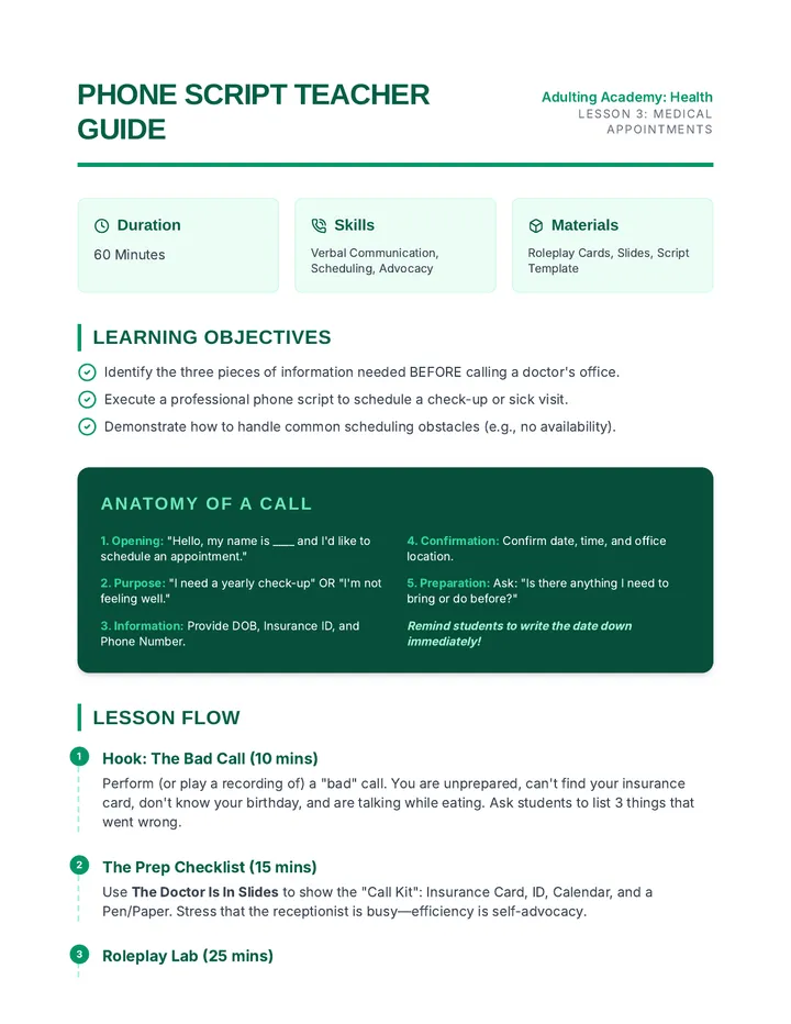 Phone Script Teacher Guide