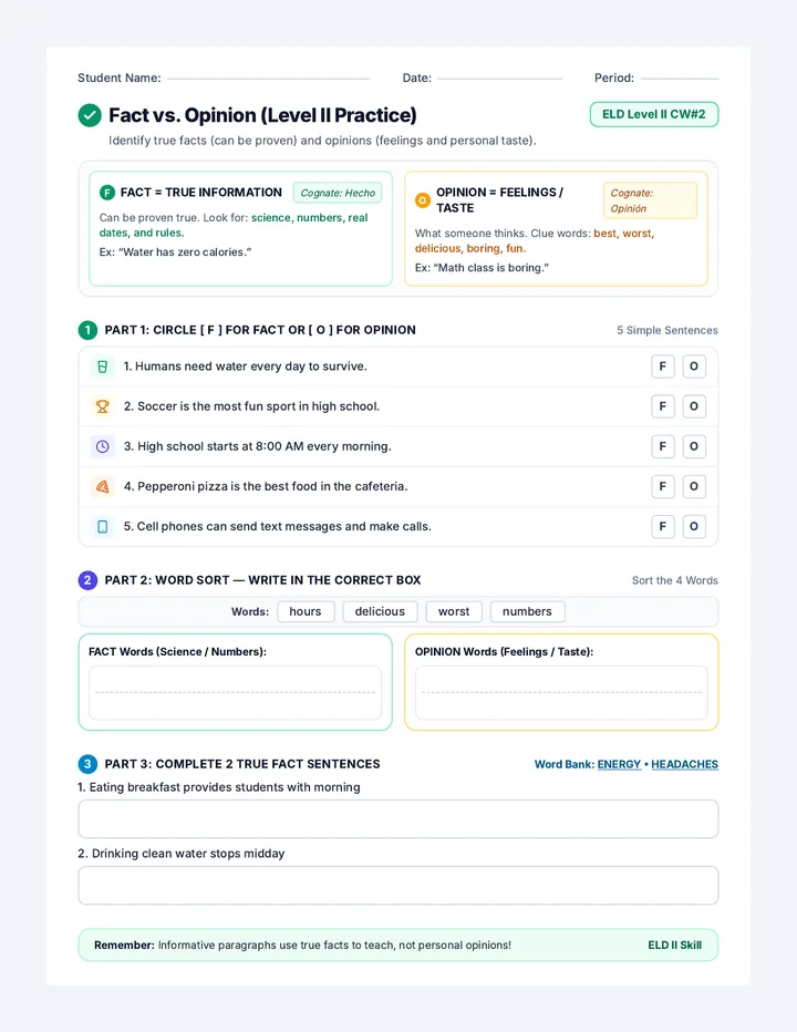 Fact Opinion Practice Worksheet