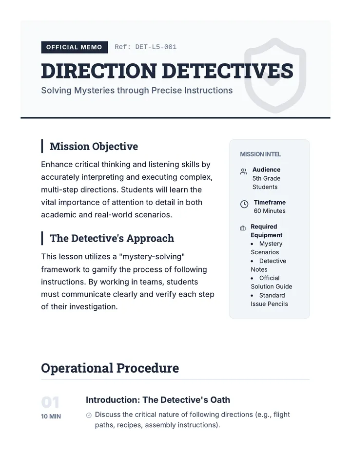 Direction Detectives Lesson Plan