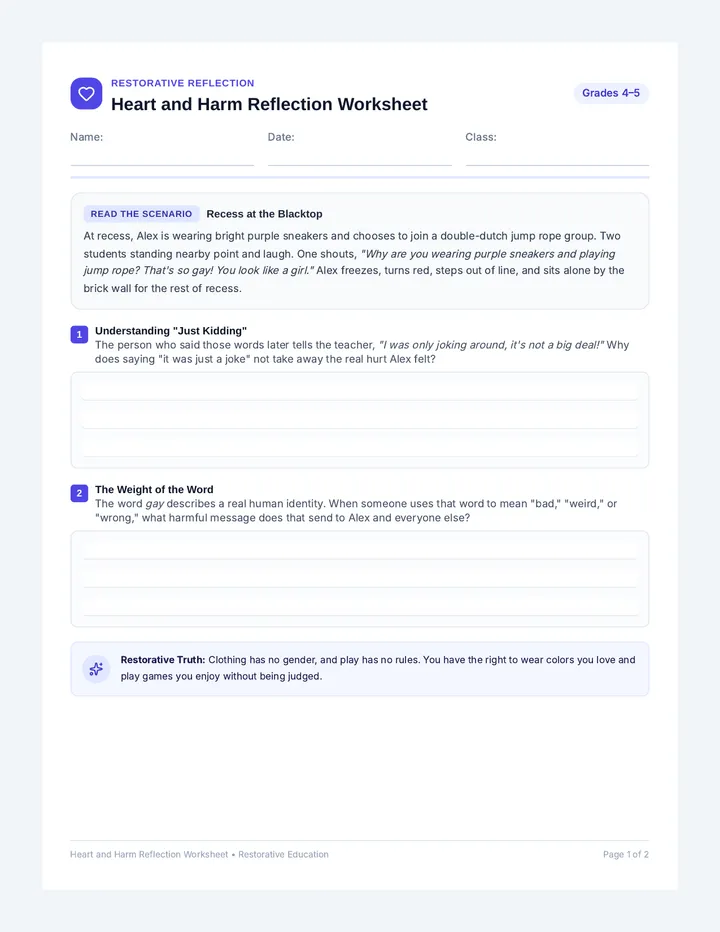 Heart and Harm Reflection Worksheet