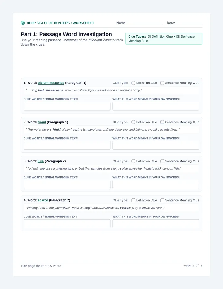 Context Clues Practice Worksheet
