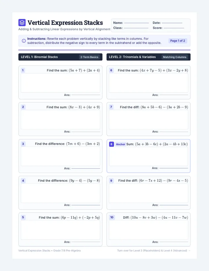 Vertical Expression Stacks Worksheet