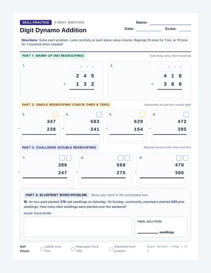 Triple Digit Addition Worksheet