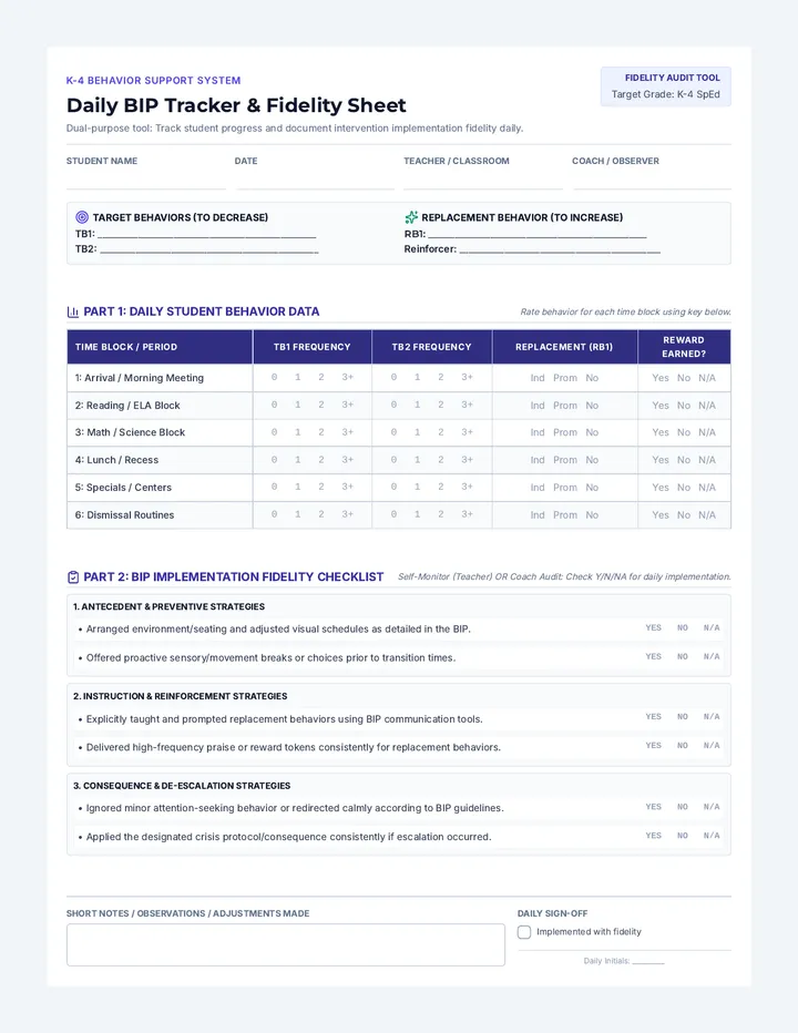 Daily BIP Tracker Worksheet