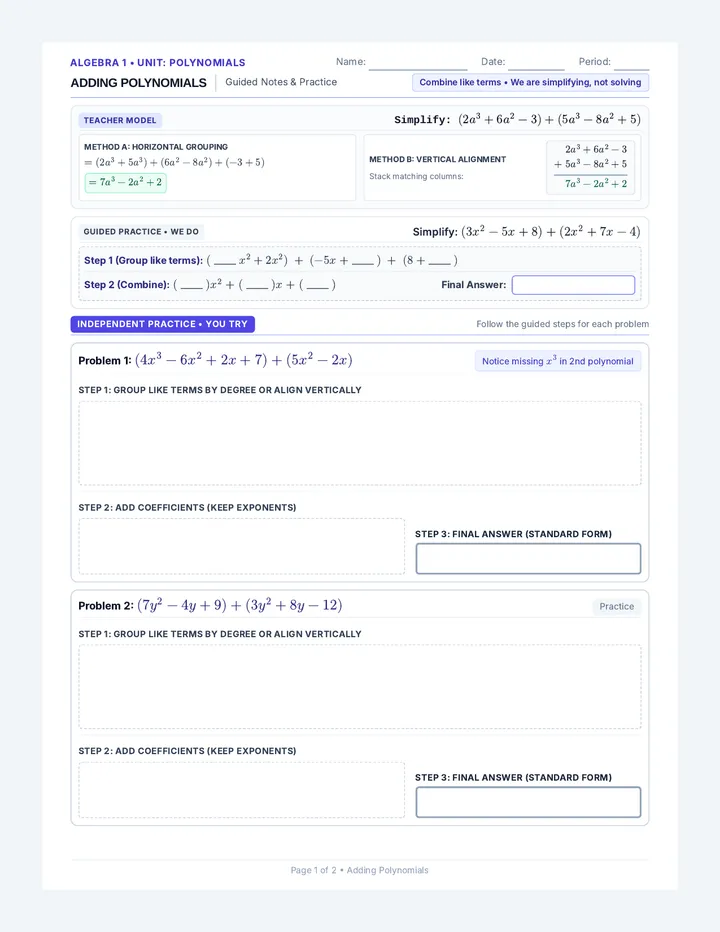 Polynomial Operations Guided Notes