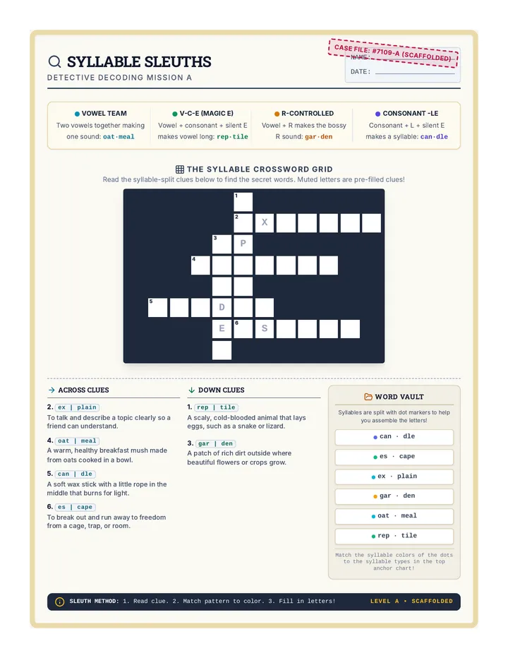 Syllable Sleuths Puzzle A Worksheet