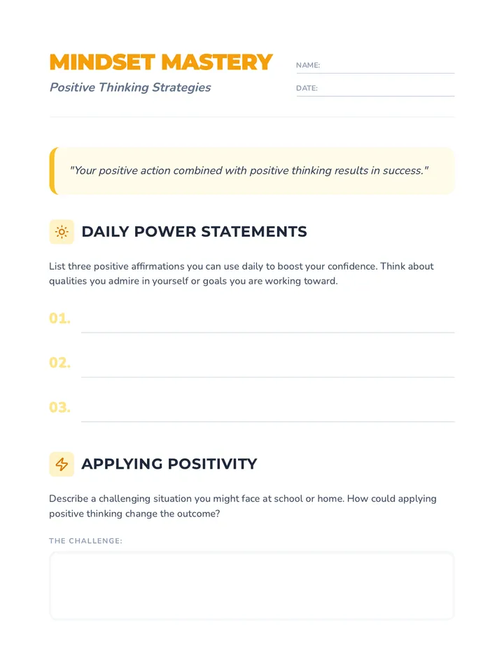Positive Thinking Strategies Worksheet
