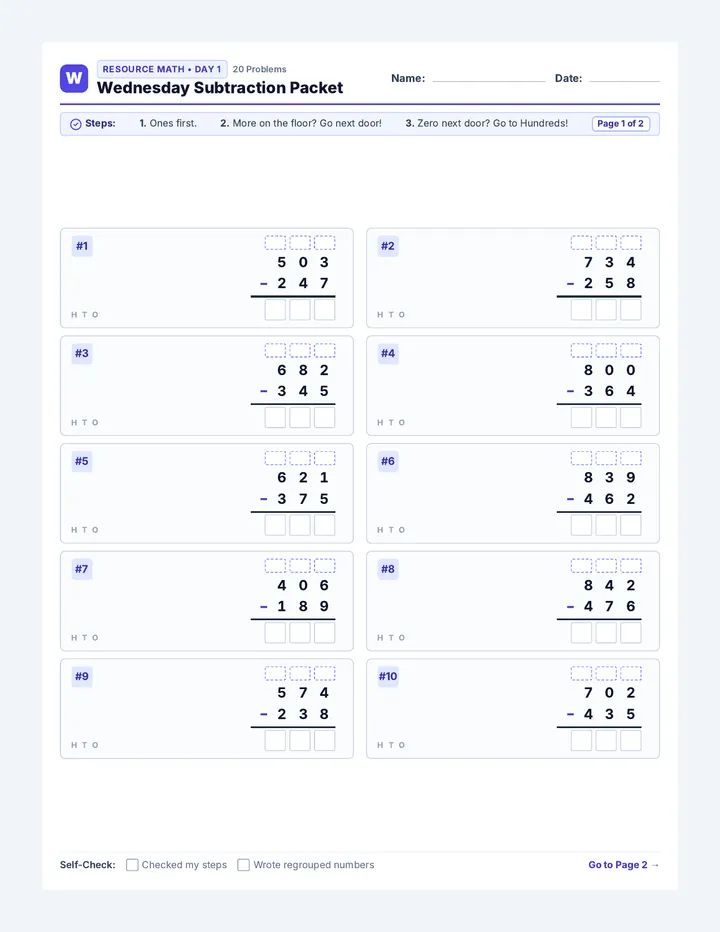 Wednesday Subtraction Packet