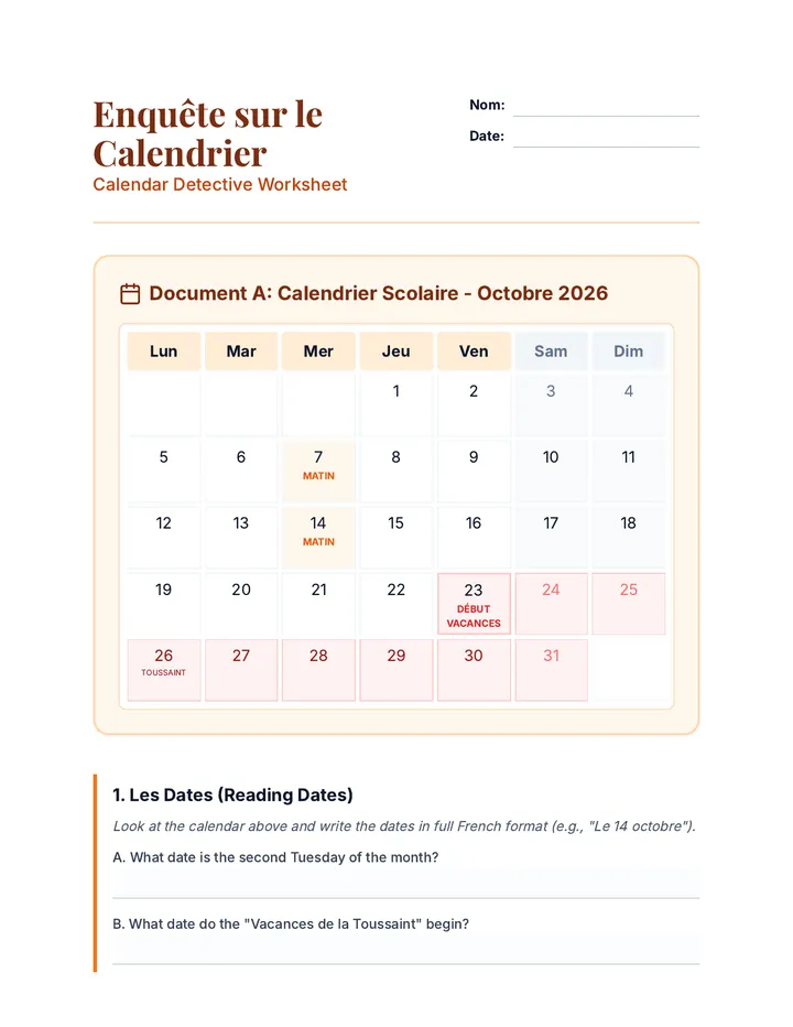 Calendar Detective Worksheet