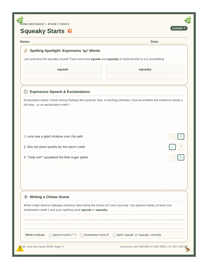 Squeaky Starts Worksheet