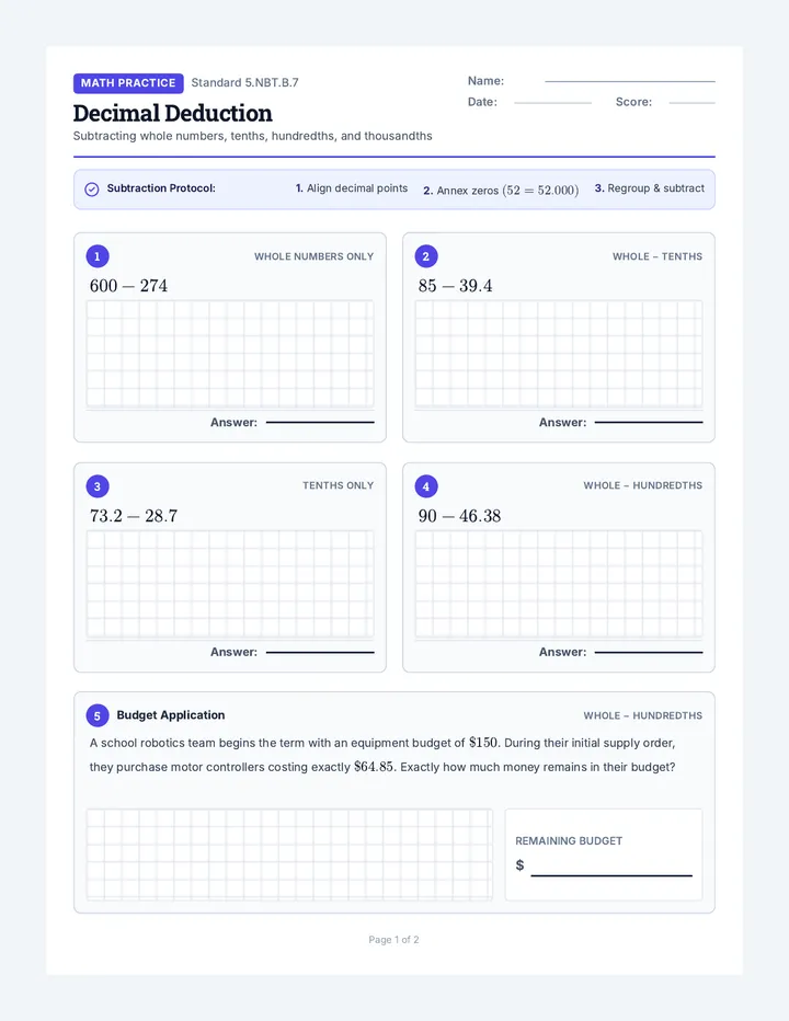 Decimal Deduction Worksheet