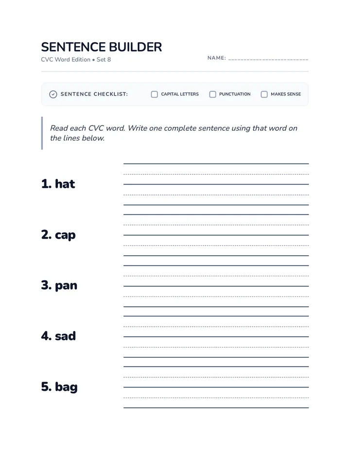 Sentence Builder Set 8 Worksheet