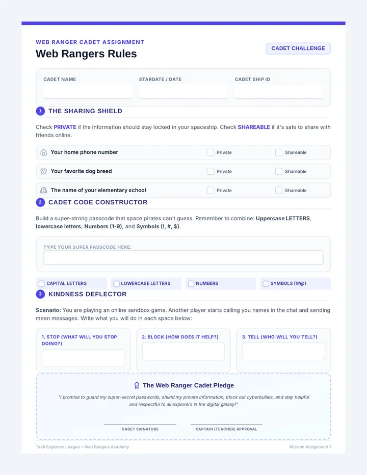 Web Rangers Rules Worksheet